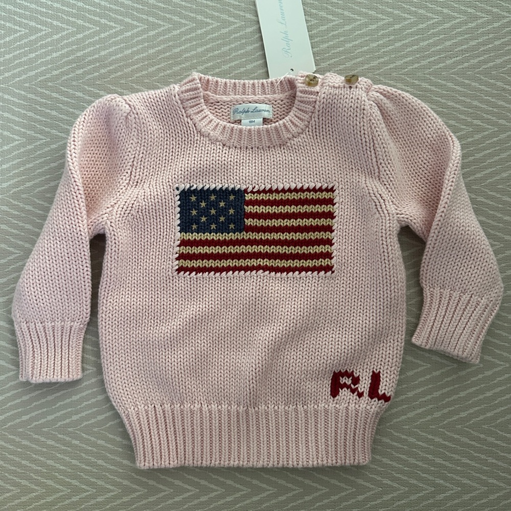 Ralph Lauren Pink Cable Knit Baby Sweater with Flag